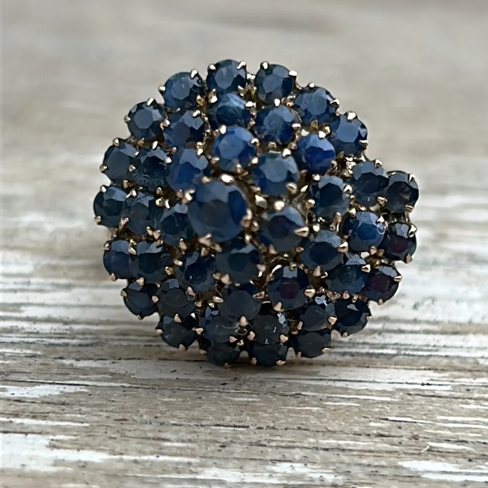 Sold-14K Yellow Gold Spiral Cluster Cocktail Natural Round Shape Blue Sapphire - Picture 7 of 17